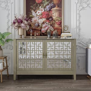47.2 in. Width Gray Wooden Grain Rectangle Wood End Table Storage Cabient Sideboard with Mirrored Doors and 4 Shelves