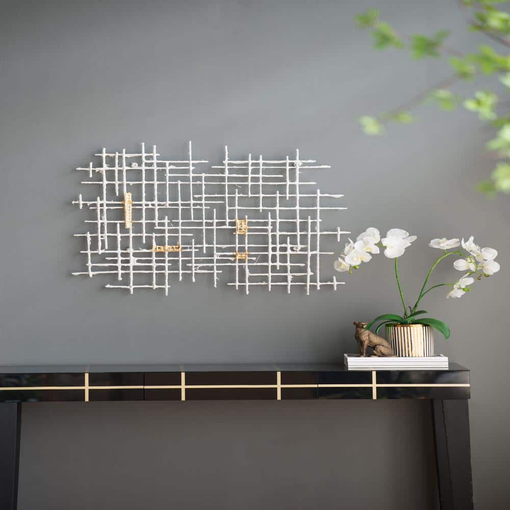 Modern Texture 32 in. W x 26 in. H White and Gold Metal Abstract Geometric 
