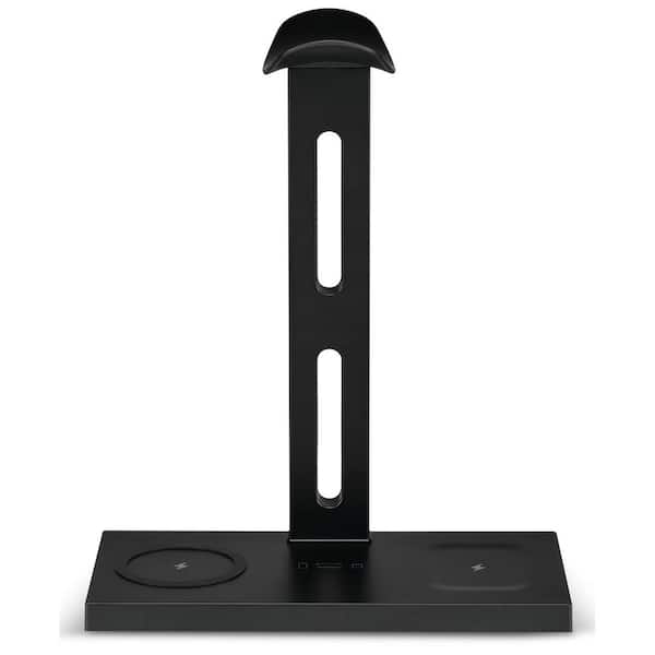 5-in-1 Headphone Stand Plus Wireless Charging for Mobile Devices, Two Power Pads and 2 USB Charging Ports, Black