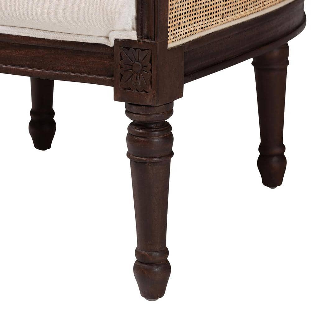 Beige and Dark Brown Carved Wood Accent Chair with Woven Rattan
