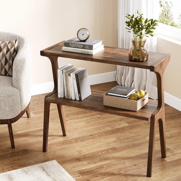 Kerlin 27.56 in. Dark Brown Rectangular Wood End Table Narrow Sofa Side Table with Shelves for Living Room, Bedroom