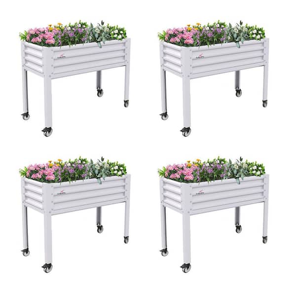Zeus & Ruta 48 in. x 24 in. x 35 in. White Outdoor Metal Raised Garden Bed with Legs, Drainage Holes on Wheels for Backyard (4-Pack)