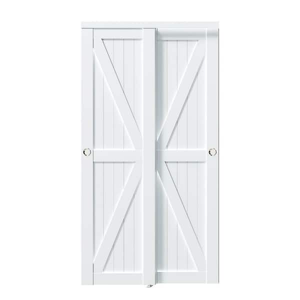 TENONER 48 in. x 80 in. Solid Core, White MDF Double Slide, K Shape Sliding Door with Handle & All Hardware