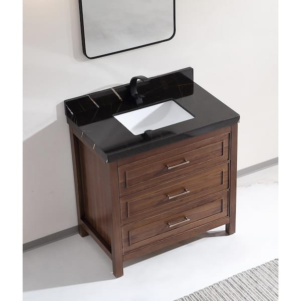 Luxury Ebony Series 36 in. 1 Freestanding Dark Brown Finish Bath Vanity with 2 in. Black Natural Marble Top Assembled