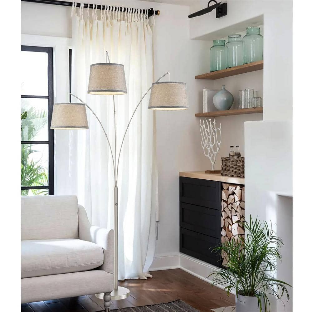 Elegance Arc 3-Light Floor Lamp with Gray Burlap Shades and Brushed Nickel Finish