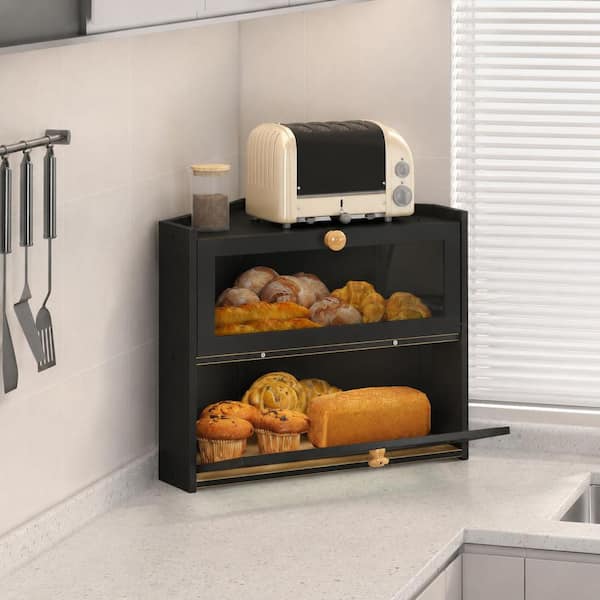 1 Piece Corner Bread Box with Clear Window, Magnetic Latch and Flat Top Fence, Black Metal Storage Organizer