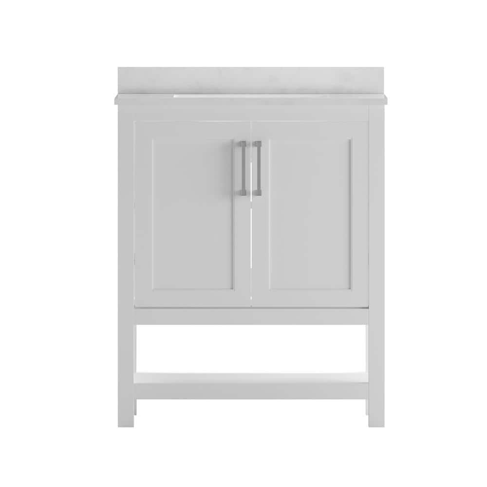 30" White Freestanding Bathroom Vanity with Carrara Marble Countertop