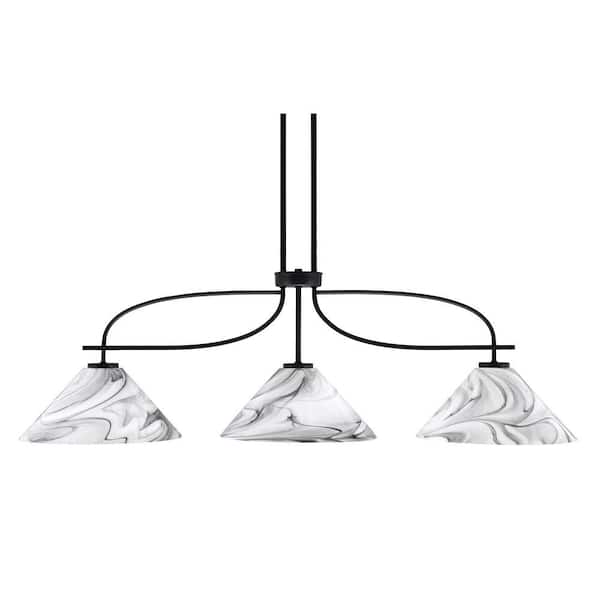 Olympia 3-Light Matte Black Billiard Light with 12 in. Onyx Swirl Glass Shades, no blulbs included