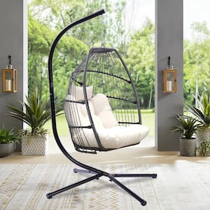 Outdoor Wicker Folding Hanging Chair, Rattan Patio Swing Hammock Egg Chair with Cushion and Pillow