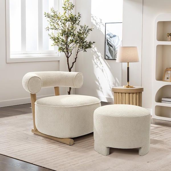 LuxenHome Cream and Brown Fabric Upholstered Modern U-Shape Back Occasional Chair with Matching Ottoman