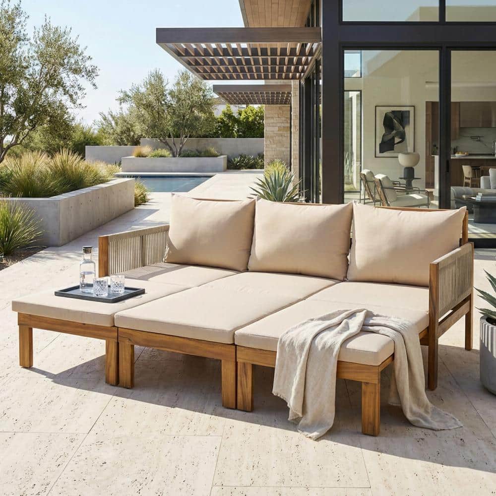 Wood Outdoor 3 Seat Sofa, Sofa Bed, Daybed with Brown Cushions