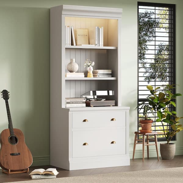 83.4 in. Tall White Wood 3-Shelf Accent Standard Bookcase with Adjustable Shelf, LED Lights, 2 Drawers