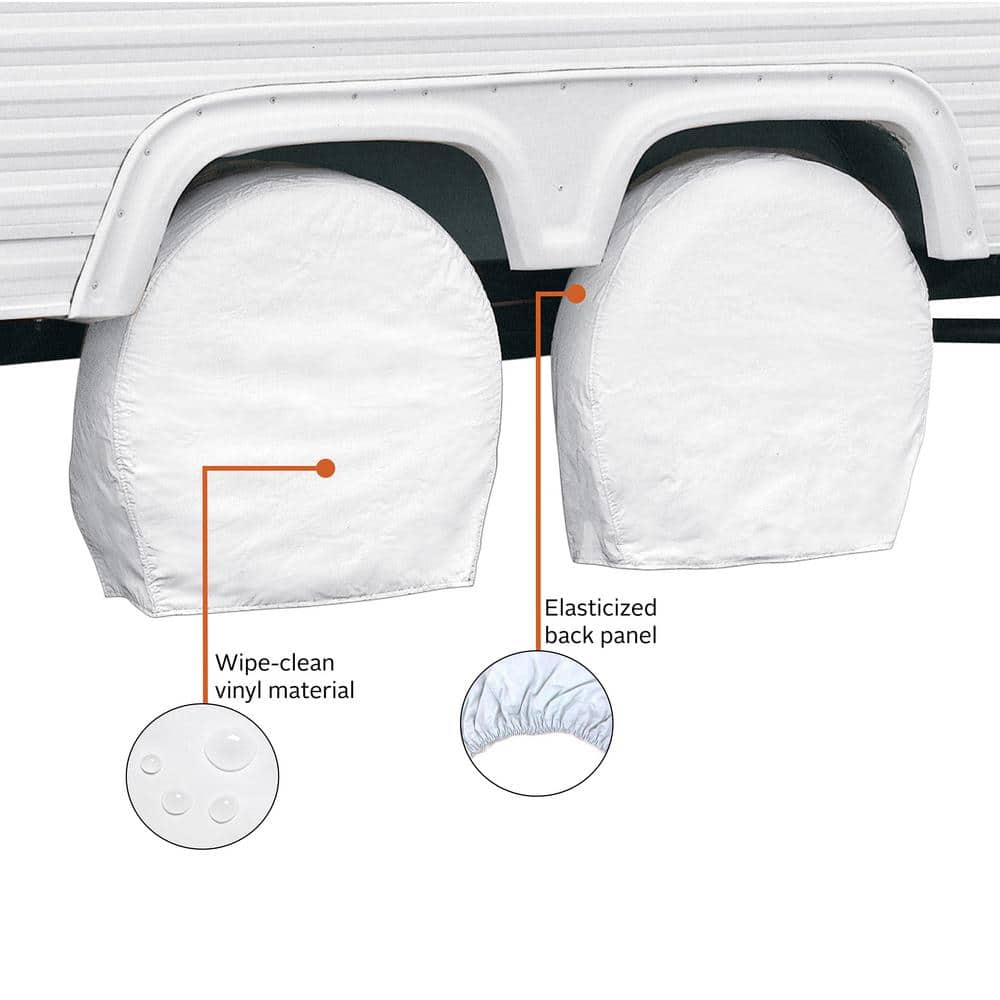 Snow White Heavy-Duty Vinyl RV Wheel Covers, 27"-30" Diameter