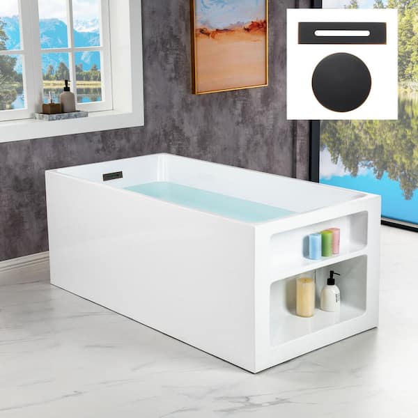 WOODBRIDGE Pantin 59 in. Acrylic Freestanding Rectange Soaking Bathtub with Oil Rubbed Bronze Drain and Overflow Included in White