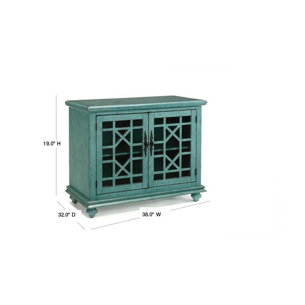 Parisian Antique Teal TV Stand with Trellis Glass Doors