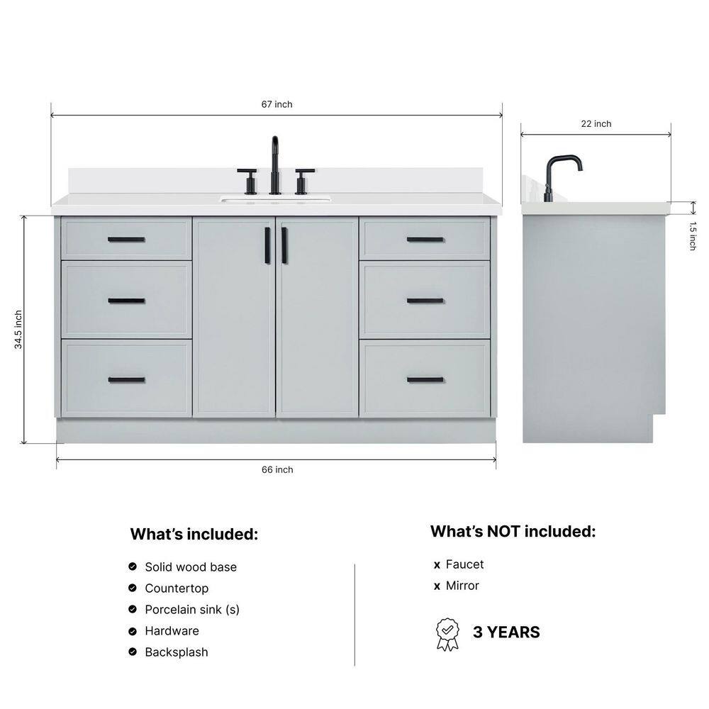 Kelly 67" Light Gray Wood Single Sink Vanity with White Quartz Top