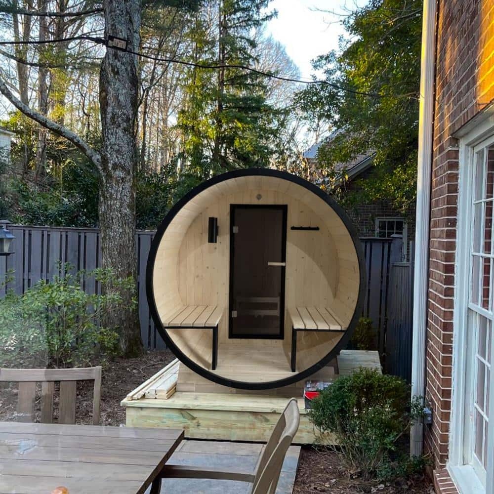 3-Person Yellow Pine Wood Oval Barrel Sauna with Glass Door