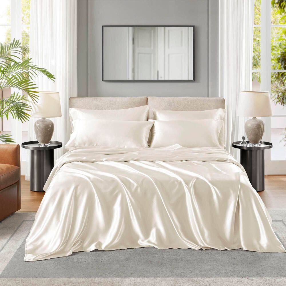 Ivory Queen Satin Polyester 6-Piece Luxury Sheet Set