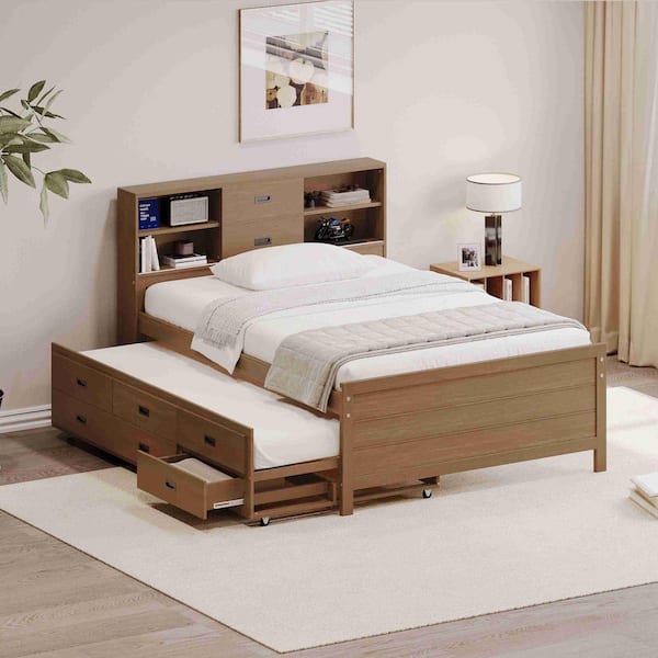 Polibi Walnut Wood Frame Twin Size Platform Bed with Storage Bookcase Headboard, Trundle and Three Storage Drawers