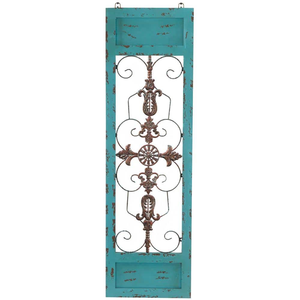 Litton Lane Wood Teal Arabesque Scroll Wall Decor with Metal Fleur De