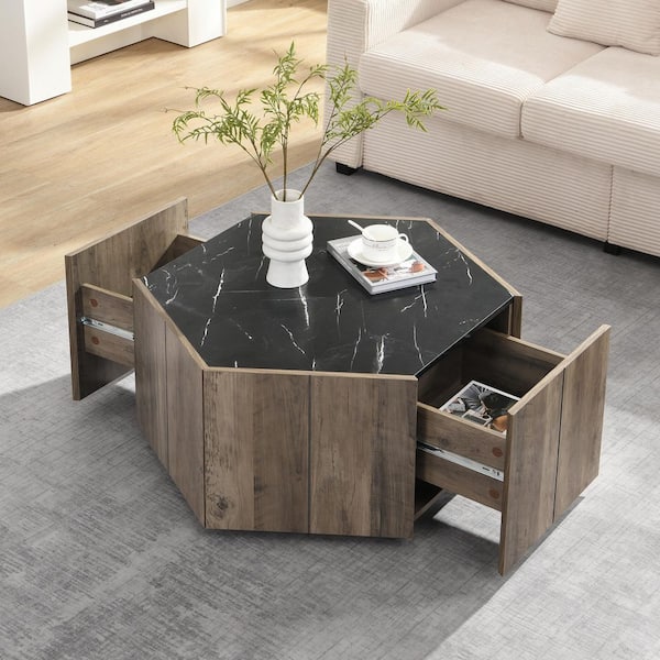 Judson Retro 31.5 in. Light Brown and Black Hexagon Faux Marble MDF Top Coffee Table with Hidden Drawers