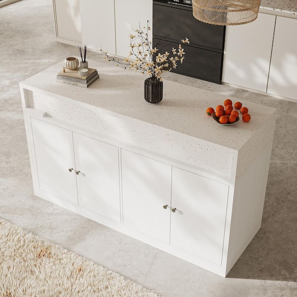 White Marble-Look Engineered Wood 60.4 in. Kitchen Island with Slide-Out Countertop, Adjustable Shelves