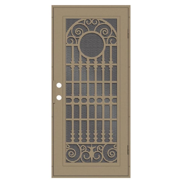 Unique Home Designs Spaniard 30 in. x 80 in. Left Hand/Outswing Desert Sand Aluminum Security Door with Black Perforated Metal Screen
