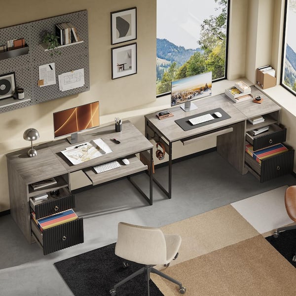 55 in. Grey 2-Drawers Writing Computer Desk with Open and File Storage, Keyboard Tray and Practical Hook