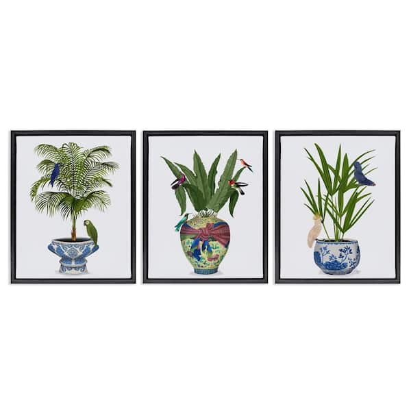 Stupell Industries Traditional House Plant Vases by Fab Funky 3 Pieces Black Floater Frame Nature Graphic Art Print 21 in. x 17 in.