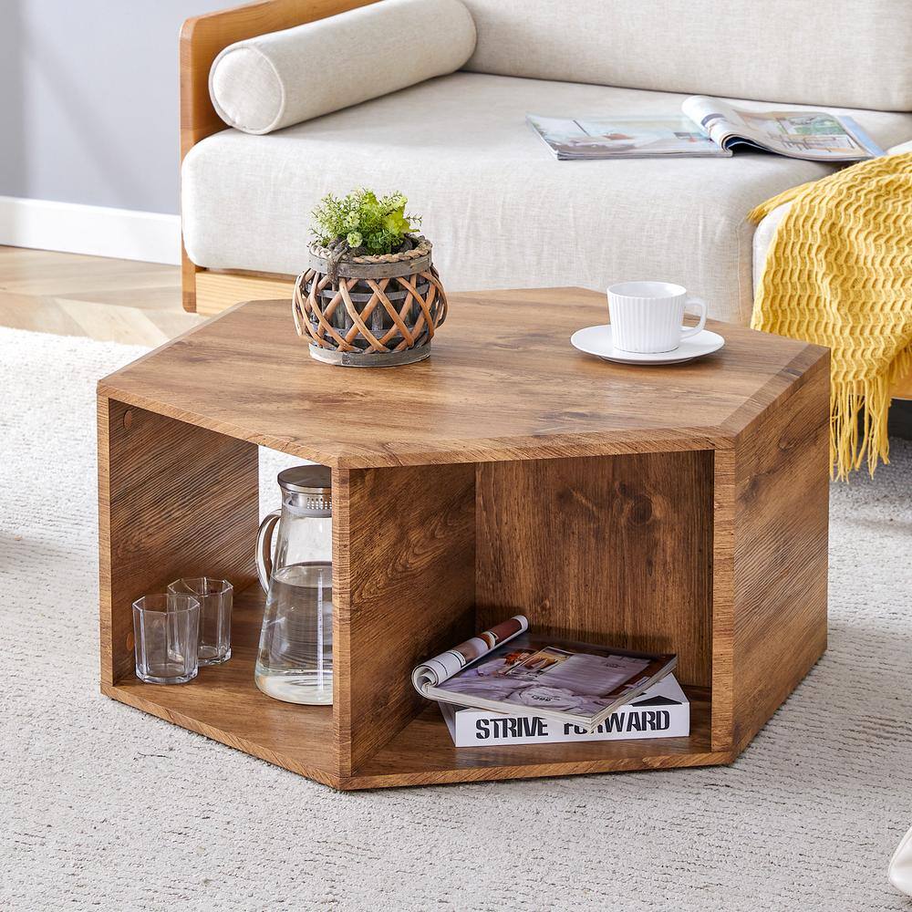 Noble House 31.5 in. Wood Color Hexagonal MDF Storage Coffee Table