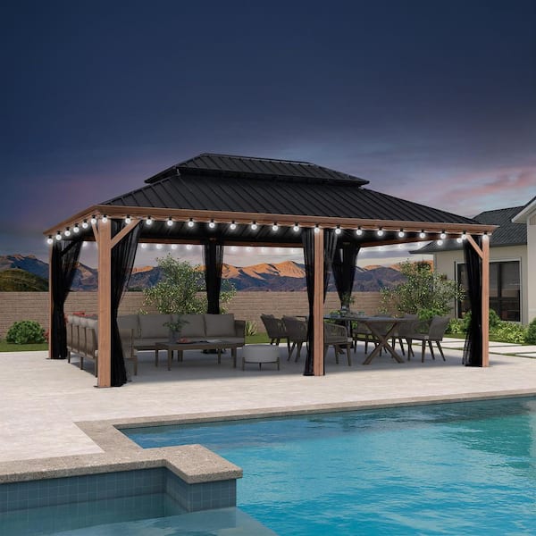 14 ft. x 20 ft. Wood Grain Patio Outdoor Gazebo for Backyard Hardtop Aluminum Frame with Hooks Upgrade Netting 48-Lights