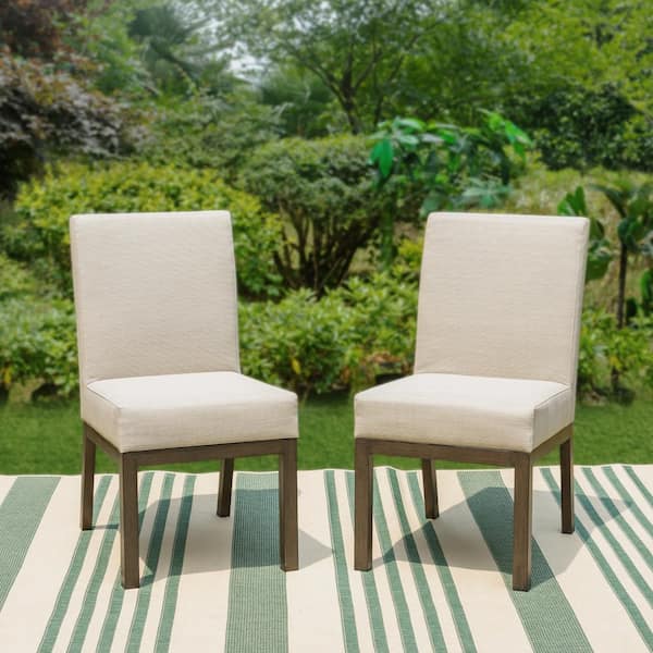 PHI VILLA Beige Armless Stationary Padded Textilene Metal Outdoor Dining Chair (Set of 2)