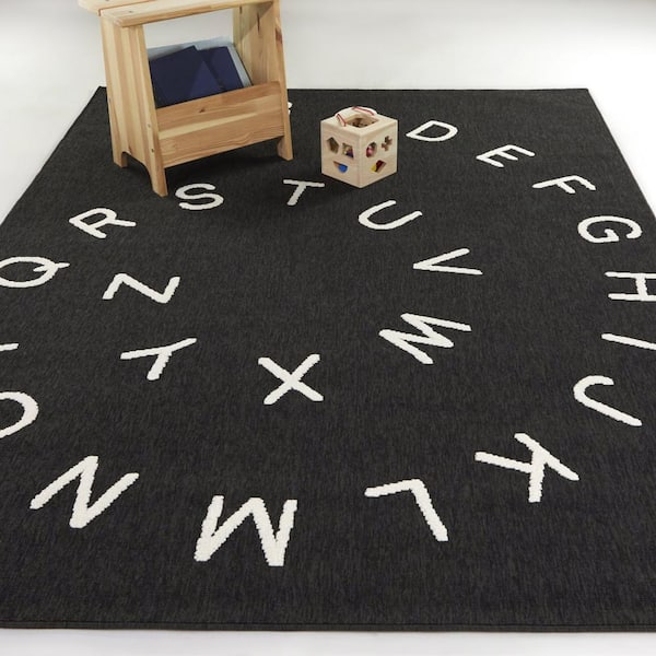 Alpha Charcoal 4 ft. 4 in. x 6 ft. Letters Indoor/Outdoor Area Rug