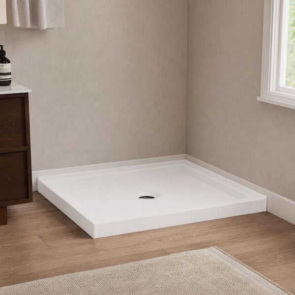 36 in. L x 36 in. W x 3.3 in. H Alcove Square Acrylic Anti-Slip Shower Pan Base with Center Drain in Slate White