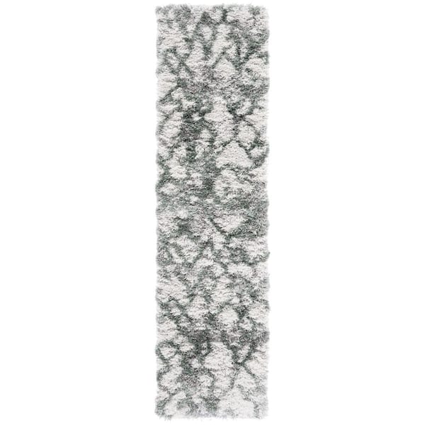 Horizon Shag 2 ft. x 8 ft. Ivory/Green Abstract Diamond Runner Rug