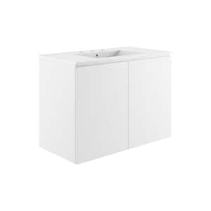 Bryn 36 in. Wall-Mount White Ceramic Bathroom Rectangular Vessel Sink with Integrated Countertop