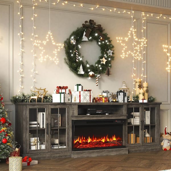 Sizzim 98 in. Freestanding Wooden TV Stand with 3-Sided Electric