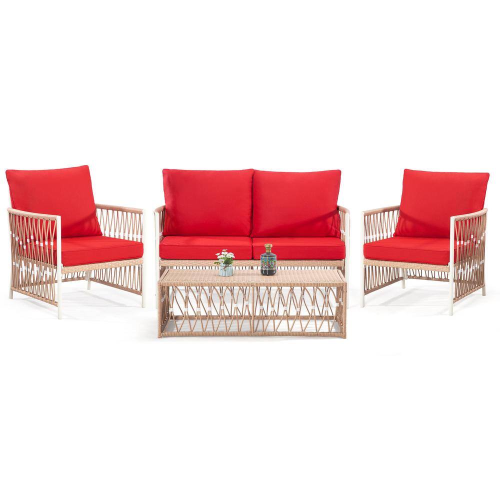 4 Pieces Yellow Wicker Rattan Patio Sectional Conversation Sets with Red Cushions, 2 Chairs, 1 Loveseat, 1 Coffee Table price history on PriceWatchPro