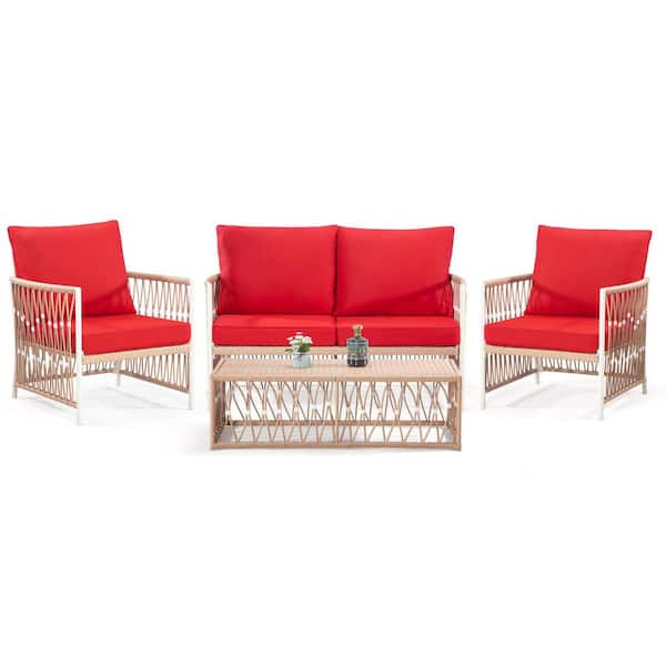 Zeus & Ruta 4 Pieces Yellow Wicker Rattan Patio Sectional Conversation Sets with Red Cushions, 2 Chairs, 1 Loveseat, 1 Coffee Table