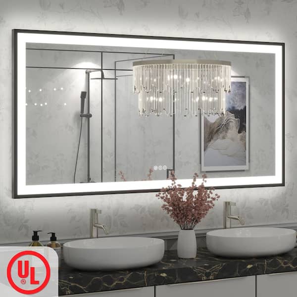 60in. W x 30in. H Rectangular Framed UL Certified Front and Back LED Anti-Fog Tempered Glass Wall Bathroom Vanity Mirror