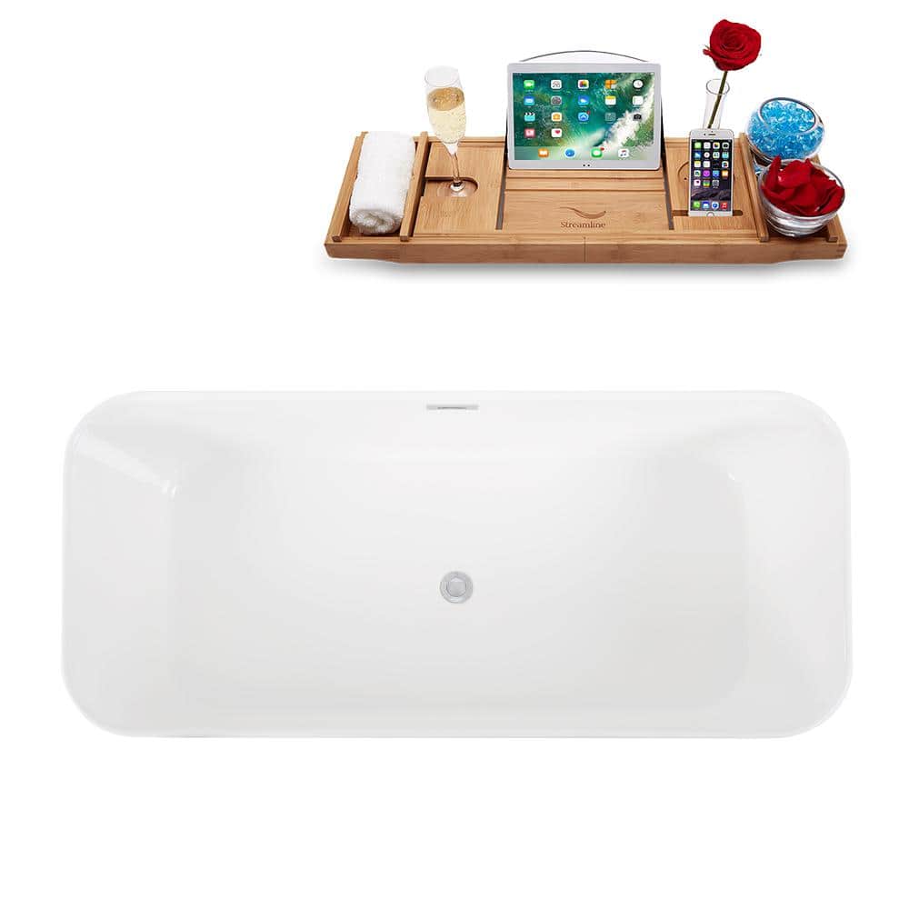 67" Glossy White Fiberglass Freestanding Soaking Bathtub