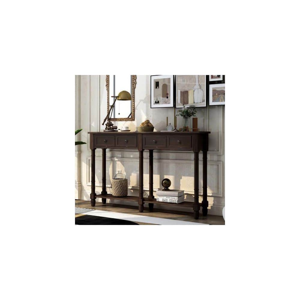 Espresso Pine Wood Console Table with Drawers and Shelf