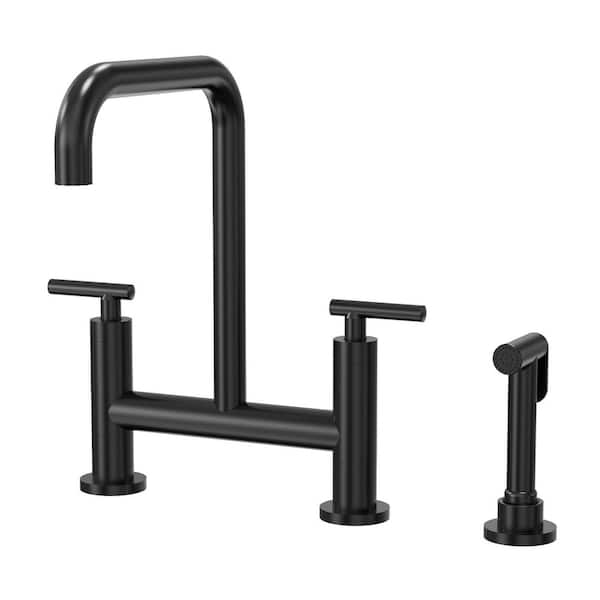 Culinary 13 in. H 2-Handle 2-Spray Bridge Kitchen Faucet 360 Degree Spout Swivel with Side Sprayer in Matte Black