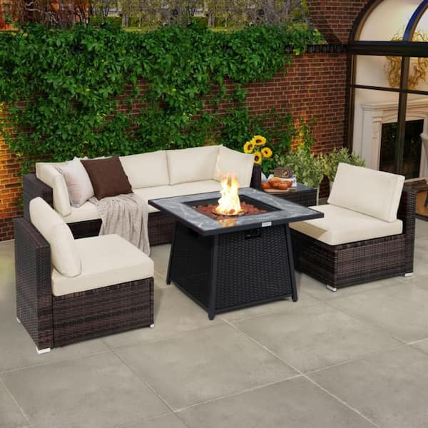 Kadehome 7-Piece Wicker Patio Conversation Set with 50000 BTU Propane Gas Fire Pit and Off White Cushions