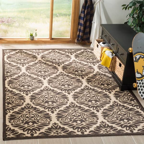 Linden Cream/Brown 7 ft. x 7 ft. Floral Medallion Indoor/Outdoor Square Area Rug