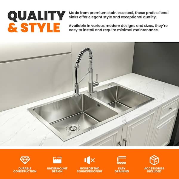 32 in. x 19 in. Stainless Steel Double Bowl Drop-In Kitchen Sink with Drain and Hooks in Brushed Nickel