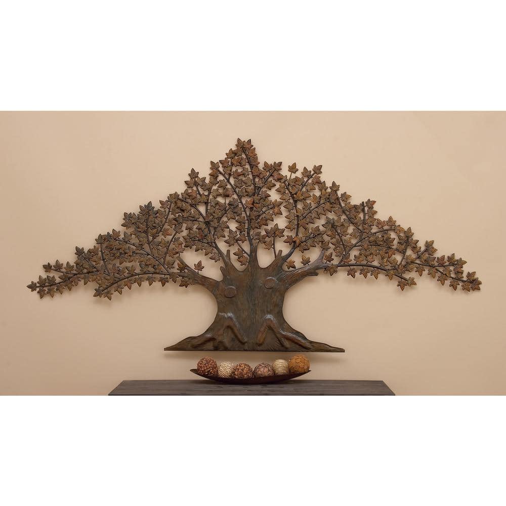 Dark Brown Metal Tree Wall Sculpture with Leaves
