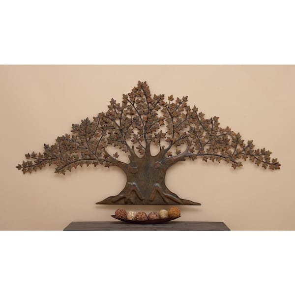 Litton Lane 92 in. x 1 in. Metal Dark Brown Indoor Outdoor Tree Wall Decor with Leaves