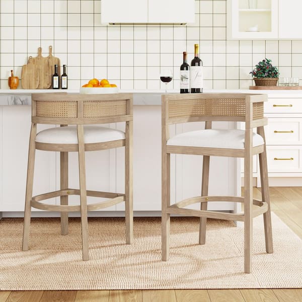 Elev 29.5 in. Solid Wood and Fabric Upholstered Bar Stools with Rattan Backrest Footrest Beige Plus Light Ash (Set of 2)