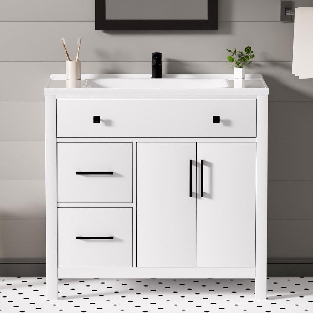Cherie_Y【美品】the urban blance JEAREY 36 in. White Wood Single Sink Freestanding Bathroom Vanity